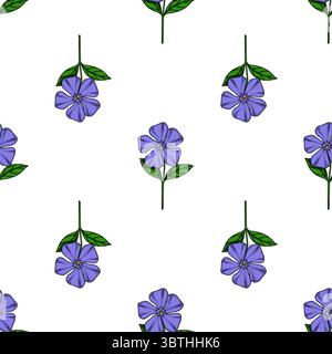 Modèle vectoriel sans couture de fleurs de pervenche stylisées avec des pétales violets vibrants et des feuilles vertes, parfait pour la conception textile ou le projec sur le thème du printemps Illustration de Vecteur