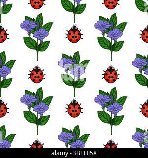 Motif vectoriel sans couture avec de charmantes coccinelles et de délicates fleurs violettes sur un fond blanc immaculé, créant un floral joyeux et vibrant Illustration de Vecteur