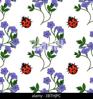 Motif vectoriel sans couture avec de délicates fleurs de pervenche et de charmantes coccinelles, créant un design printanier vibrant et joyeux. Illustration de Vecteur