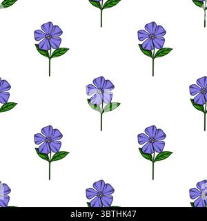 Modèle vectoriel sans couture de fleurs de pervenche stylisées avec des pétales violets vibrants et des feuilles vert foncé sur un fond blanc, parfait pour le PRI textile Illustration de Vecteur