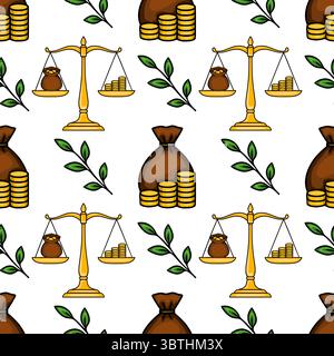 Modèle vectoriel sans couture avec des échelles dorées, des sacs d'argent, des piles de pièces de monnaie et des feuilles vertes, illustrant l'équilibre financier et le concept de croissance. Illustration de Vecteur
