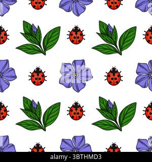 Motif vectoriel sans couture avec de charmantes coccinelles et de délicates fleurs de pervenche, créant un motif joyeux sur le thème du printemps idéal pour diverses appliques Illustration de Vecteur