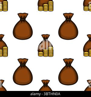 Modèle vectoriel sans couture de sacs d'argent bruns et de piles de pièces d'or, parfait pour les conceptions financières ou à thème de trésor. Illustration de Vecteur