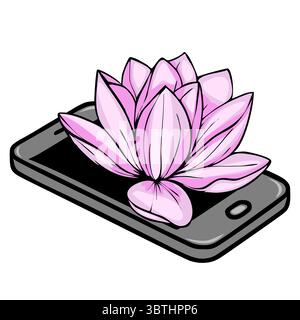 Illustration vectorielle d'une fleur de lotus rose délicatement placée sur un smartphone moderne, symbolisant le mélange serein de la nature et de la technologie. Illustration de Vecteur