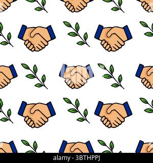 Motif vectoriel sans couture de poignées de main et de feuilles vertes, symbolisant un accord de partenariat commercial durable. Illustration de Vecteur
