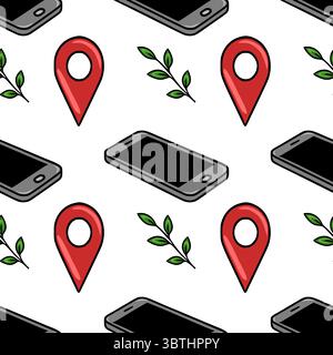 Motif vectoriel sans couture avec smartphones isométriques, épingles de localisation rouges et feuilles vertes, créant un design moderne et minimaliste idéal pour les mobiles Illustration de Vecteur