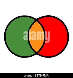 Illustration vectorielle abstraite de deux cercles qui se chevauchent dans les couleurs rouge, vert et orange avec des contours noirs audacieux, créant un motif visuel unique. Illustration de Vecteur