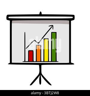 Illustration vectorielle dessinée à la main d'un écran de projecteur affichant un graphique à barres montrant la croissance ascendante, symbolisant le succès et le progrès de l'entreprise. Illustration de Vecteur