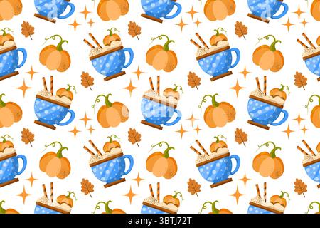 Desserts d'automne à motif plat sans couture. Texture vectorielle de latte aux épices et de cupcakes à la citrouille. Cappuccino, gâteau et feuilles en toile de fond. Nourriture de saison d'automne Illustration de Vecteur