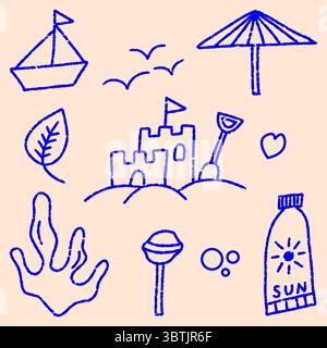 Éléments de plage d'été dans l'illustration vectorielle de style doodle, éléments de vacances d'été, ensemble d'illustrations de vacances mignonnes, icônes de ligne doodle Illustration de Vecteur