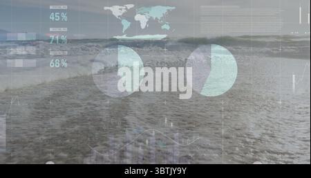 Affichage d'une interface numérique superposée au bord de la plage, avec carte du monde, étiquettes de pourcentage et diagrammes circulaires Banque D'Images