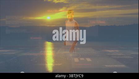 Femme en robe sans manches analysant les données du bord du lac en utilisant l'interface holographique au coucher du soleil Banque D'Images