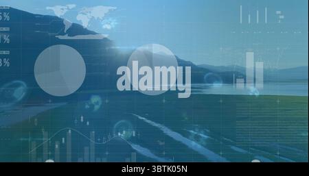Affichage de deux diagrammes circulaires translucides sur un champ au bord du lac, avec graphiques à barres, graphique linéaire, carte du monde Banque D'Images