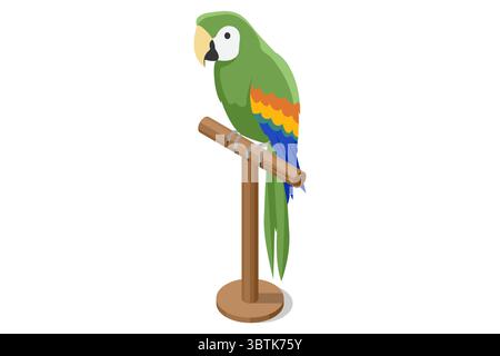 Perroquet vert sur perche. Un perroquet vert isométrique vibrant aux ailes colorées se perche calmement sur un stand en bois, symbole classique de la tradition des pirates et Illustration de Vecteur