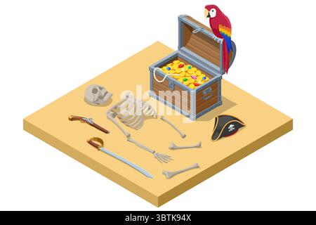 Une étrange illustration isométrique d'un trésor de pirate avec un coffre d'or, un squelette, un chapeau de pirate, du coutelass et un pistolet, sur un sol sablonneux. Pirate, mer Illustration de Vecteur
