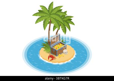 Une illustration isométrique d'une scène de trésor tropical avec un coffre ouvert d'or sous des palmiers, un crâne humain, des pièces de monnaie et un crabe rouge sur le sable. Illustration de Vecteur