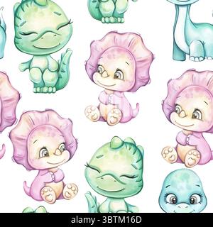Mignons dinosaures aquarelle mettant en vedette des créatures de bébé ludiques dans un motif sans couture parfait pour les arrière-plans ou les fonds d'écran Illustration de Vecteur