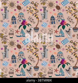 Motif grec sans couture avec des éléments méditerranéens Illustration de Vecteur