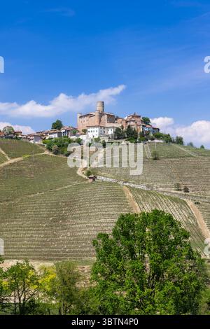 Vignobles couvrant les collines au premier plan, avec Monforte d'Alba et son château se détachant sur le ciel bleu en arrière-plan Banque D'Images