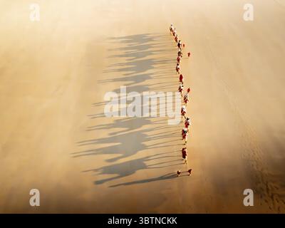 Vue aérienne de gens marchant en ligne, projetant de longues ombres sur la plage de sable avec la lumière chaude du soleil doré, Australie occidentale, Australie occidentale, Australie australienne Banque D'Images