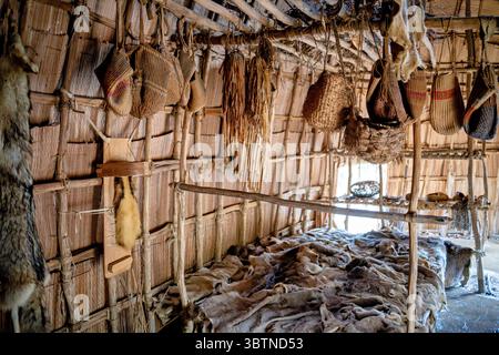 Paspahegh Town Interior Jamestown Settlement Williamsburg Virginia // WILLIAMSBURG, Virginia — la ville de Paspahegh à Jamestown Settlement recrée le mode de vie traditionnel du peuple Paspahegh, l'un des plus de 30 groupes tribaux parlant algonquiens qui appartenaient à la chefferie Powhatan. La récréation est basée sur les découvertes archéologiques de sites le long de la James River, la tradition orale de l'État de Virginie et des tribus reconnues par le gouvernement fédéral, et les descriptions enregistrées par les colons anglais au XVIIe siècle. La clairière boisée comprend des maisons recouvertes de roseaux, des zones de cuisson, agricultura Banque D'Images