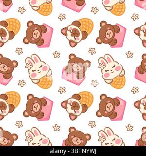 Cette illustration vectorielle présente un motif sans couture ludique avec des ours adorables et un lapin profitant de cônes de crème glacée. Les personnages mignons, alon Illustration de Vecteur