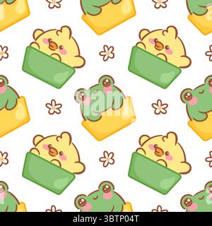 Cette illustration vectorielle ludique présente un charmant motif sans couture d'animaux mignons, y compris un canard et une grenouille, niché dans des carrés colorés avec c Illustration de Vecteur