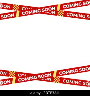 Bientôt disponible Red Banner Tape Stripe pour ouverture de boutique, lancement de soldes, avis de vente au détail, publicité de magasin, teaser de campagne, arrivée des produits, mise en page marketing. Produit Illustration de Vecteur