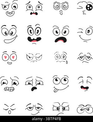 Dessinés à la main, les visages de dessins animés avec diverses expressions émotionnelles telles que l'amour, la tristesse, la colère, la confusion et le bonheur. Un grand ensemble d'expressifs Illustration de Vecteur