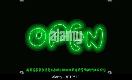 Enseigne au néon ouverte allumée en lumière verte. Audacieux lettrage funky a ouvert la signalisation pour les bannières de magasin, décor de vie nocturne, affiches d'affaires. Lettrage urbain activé Illustration de Vecteur