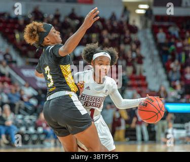 9 novembre 2019 : la garde de l'État du Mississippi, Myah Taylor (1), affronte la défense du Mississippi du Sud lors du match de basket féminin de la NCAA entre les Golden Eagles de l'Université du Mississippi du Sud et les Bulldogs de l'État du Mississippi au Humphrey Coliseum de Starkville, Mississippi. Kevin Langley/Sports South Media/CSM(image de crédit : &copy ; Kevin Langley/CSM via ZUMA Wire) Banque D'Images