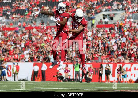 10 novembre 2019 : KeeSean Johnson (19 ans) et Christian Kirk (13 ans), receveur des Arizona Cardinals Wide, célèbrent un touchdown lors du match NFL entre les Arizona Cardinals et les Tampa Bay Buccaneers au Raymond James Stadium de Tampa, en Floride. Andrew J. Kramer/Cal Sport Media(crédit image : &copy ; Andrew J. Kramer/CSM via ZUMA Wire) Banque D'Images