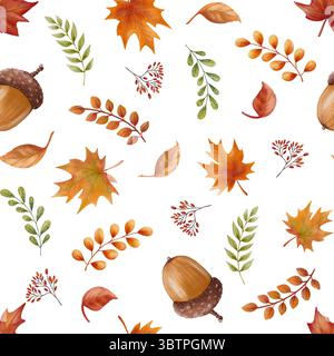 Modèle sans couture avec feuilles d'automne, glands et branches. Peint à la main dans un style aquarelle, avec des couleurs d'automne chaudes Banque D'Images