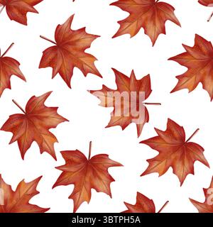 Motif sans couture de feuilles d'érable Bordeaux dispersées sur un fond clair. Le style aquarelle donne à l'illustration un aspect doux et chaleureux Banque D'Images