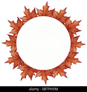 Cadre circulaire en feuilles d'érable Bordeaux disposées en forme de couronne. Le style aquarelle donne à l'illustration un aspect chaleureux Banque D'Images