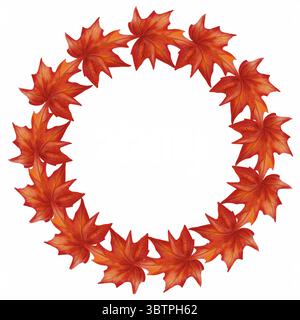 Cadre circulaire en feuilles d'érable Bordeaux disposées en forme de couronne. Le style aquarelle donne à l'illustration un aspect chaleureux Banque D'Images