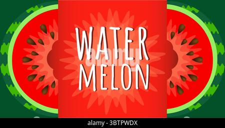 Tranches rouges de pastèque avec des graines de fond d'été. Fond horizontal de vente d'été avec pastèque de dessin animé sur fond rouge. Illustration de Vecteur