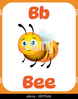 Abeille de dessin animé mignonne avec la lettre B. carte d'apprentissage alphabet. Lettre B. illustrations de dessins animés mignons. Illustration de Vecteur
