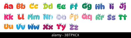 Alphabet anglais avec des lettres colorées mignonnes Cartoon avec de grands yeux sur un fond blanc. Alphabet de style dessin animé avec des yeux drôles. Illustration de Vecteur