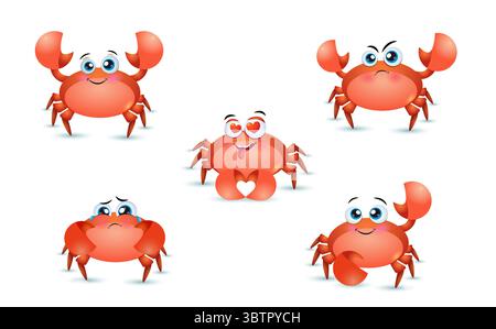 Ensemble de crabes émotionnels rouges mignons de dessin animé. Illustration d'icône vectorielle de crabe mignon, logo de mascotte, style animal de bande dessinée. Illustration de Vecteur