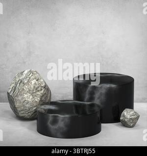 Deux podiums cylindriques en marbre noir pour l'affichage des produits contrastent avec des pierres robustes, disposés dans un cadre gris minimaliste, mettant en valeur le contemporain Banque D'Images