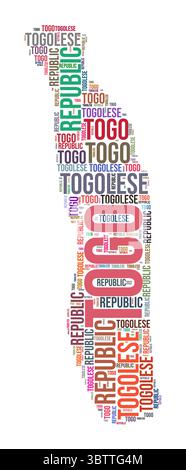 Nuage de mots de forme de pays Togo. Illustration de pays de style typographique. Image Togo dans le style nuage de texte. Illustration vectorielle. Illustration de Vecteur