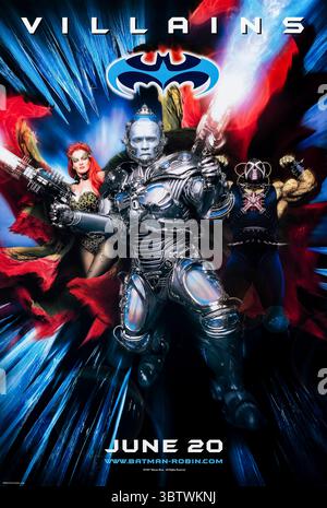 Batman & Robin (1997) réalisé par Joel Schumacher et mettant en vedette Uma Thurman, Arnold Schwarzenegger et Robert Swenson. Batman combat Poison Ivy, Mr. Freeze et Bane alors que Gotham fait face à une menace subzéro. Photographie d'une affiche originale US Advance de 1997 À USAGE ÉDITORIAL EXCLUSIF. Crédit : BFA / Warner Bros Banque D'Images