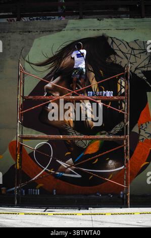 27 novembre 2019, San Salvador, San Salvador, El Salvador : un jeune homme du Salvador se tient sur une plate-forme alors qu'il peint un graffiti pendant la zone 503 : festival international du graffiti. (Crédit image : © Camilo Freedman/ZUMA Wire) Banque D'Images