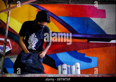 27 novembre 2019, San Salvador, San Salvador, El Salvador : un jeune homme s'apprête à peindre un graffiti sur les murs d'un passage supérieur à San Salvador pendant la zone 503 : festival international du graffiti. (Crédit image : © Camilo Freedman/ZUMA Wire) Banque D'Images