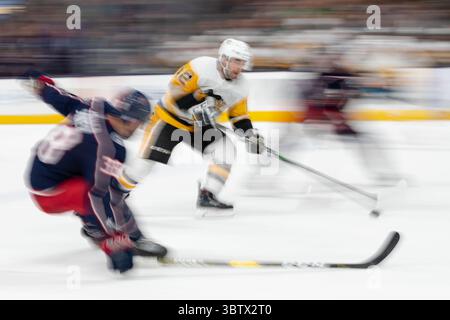 29 novembre 2019 : Dominik Simon (12 ans) des Penguins de Pittsburgh patine sur la glace lors d'un match entre les Penguins de Pittsburgh et les Blue Jackets de Columbus au Nationwide Arena le 29 novembre 2019 à Columbus, OHIO. Adam Lacy/CSM(image de crédit : &copy ; Adam Lacy/CSM via ZUMA Wire) Banque D'Images