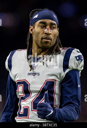 1er décembre 2019, Houston, Texas, États-Unis : 1er décembre 2019 : le cornerback des Patriots de la Nouvelle-Angleterre Stephon Gilmore (24 ans) avant le début du match contre les Texans de Houston au NRG Stadium de Houston, Texas. (Crédit image : © Maria Lysaker/ZUMA Wire) Banque D'Images
