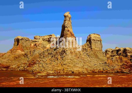 3 mai 2019, Hamadella, Afar, Ethiopie : les affleurements rocheux créent des sculptures naturelles, poussées des salines de la dépression de Danakil, la zone étant surnommée le Manhattan du désert, bien que la flèche centrale ressemble à la Tour Eiffel, près de Hamadella, Ethiopie, sous un ciel bleu vif. (Crédit image : © Chuck David/VW pics via ZUMA Wire) Banque D'Images