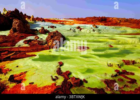 3 mai 2019, Hamadella, Afar, Ethiopie : des piscines en terrasses d'acide sulfurique brillent d'un vert irrigué en raison des minéraux mélangés dans eux dans la dépression brûlante de Danakil près de Hamadella, Ethiopie, sources géothermiques dans le fond profah un ciel bleu brumeux. (Crédit image : © Chuck David/VW pics via ZUMA Wire) Banque D'Images