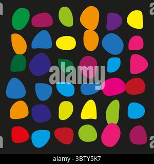 Pierres abstraites colorées. Motif de forme organique. Illustration de galets vibrants. Fond noir vectoriel. Illustration de Vecteur
